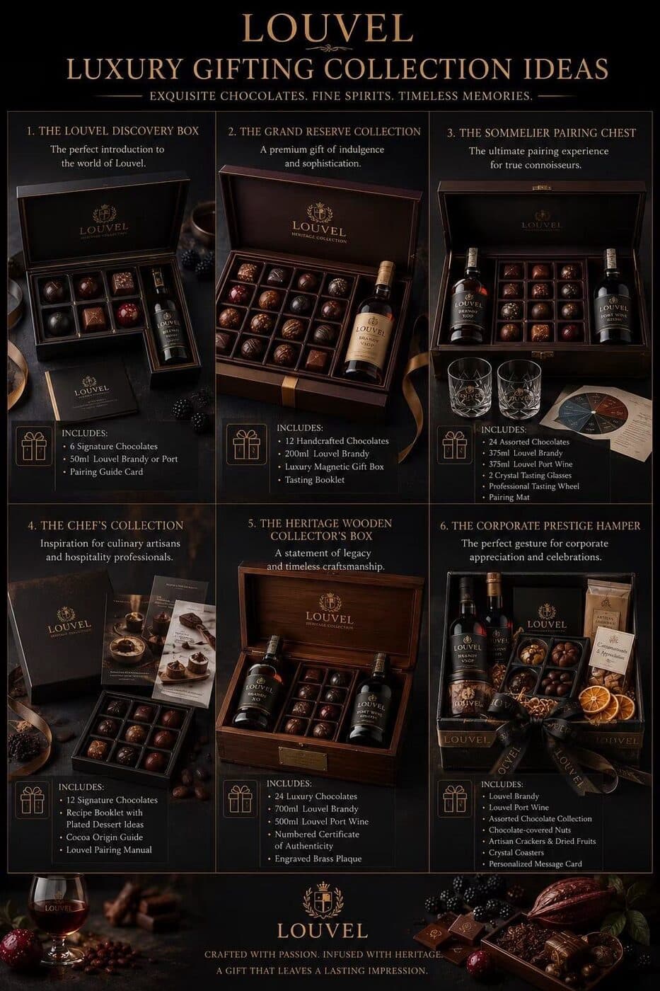 LOUVEL Luxury Gifting Collection Ideas — six chocolate and brandy hamper concepts