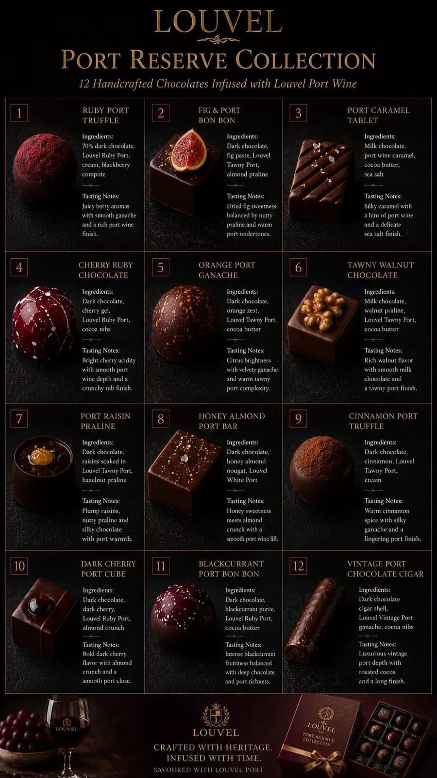 LOUVEL Port Reserve Collection — 12 handcrafted chocolates infused with Louvel Port Wine
