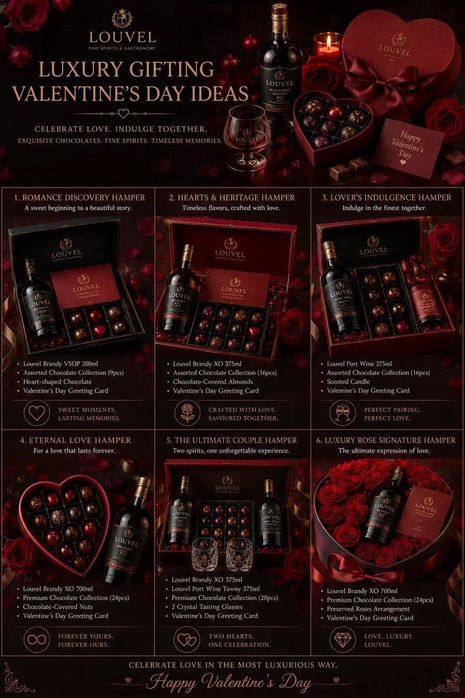 LOUVEL Luxury Gifting Valentine's Day Ideas — six chocolate and brandy hamper concepts